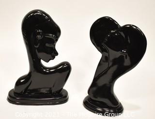 Pair of Black Ceramic Women in Profile Figurines. 