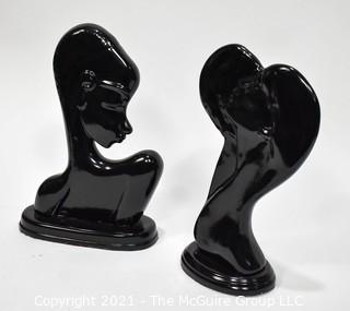 Pair of Black Ceramic Women in Profile Figurines. 