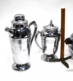 Vintage Barware including Etched Chrome Deco Coffee Pot, 1950's Chrome Penguin Ice Bucket and Restoration Hardware Repro Penguin Form Martini Shaker