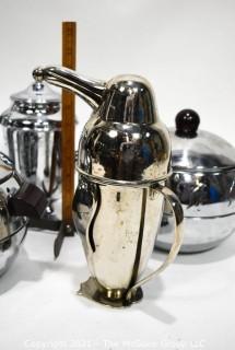 Vintage Barware including Etched Chrome Deco Coffee Pot, 1950's Chrome Penguin Ice Bucket and Restoration Hardware Repro Penguin Form Martini Shaker