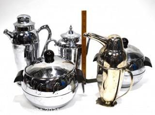 Vintage Barware including Etched Chrome Deco Coffee Pot, 1950's Chrome Penguin Ice Bucket and Restoration Hardware Repro Penguin Form Martini Shaker