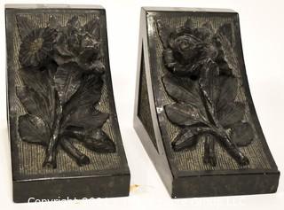 Set of Vintage Carved Black Marble Bookends with Flower Motif