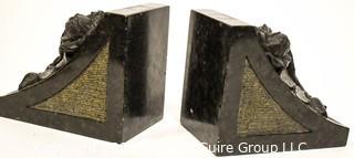 Set of Vintage Carved Black Marble Bookends with Flower Motif