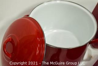 Group of Red Kitchen Ware Including Enamel Pot with Lid, Wall Phone, Toaster and Yogurt Ice Cream Maker. 