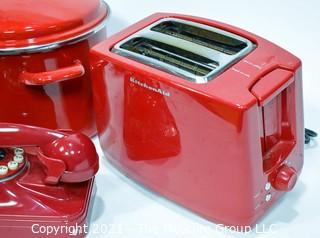 Group of Red Kitchen Ware Including Enamel Pot with Lid, Wall Phone, Toaster and Yogurt Ice Cream Maker. 