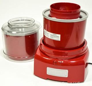 Group of Red Kitchen Ware Including Enamel Pot with Lid, Wall Phone, Toaster and Yogurt Ice Cream Maker. 