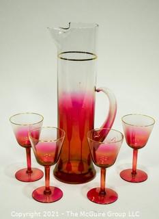 Vintage Glass Cocktail Set With Pink Design.  Includes Tall Pitcher and Four (4) Stemmed Glasses. 