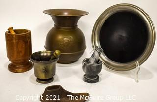 Collection including (3) Mortar and Pestles, one serving tray, brass spittoon and shoe makers last  