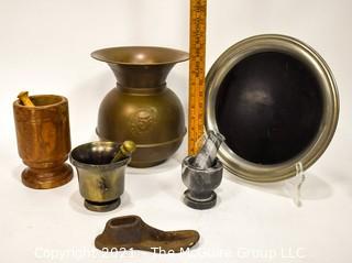 Collection including (3) Mortar and Pestles, one serving tray, brass spittoon and shoe makers last  