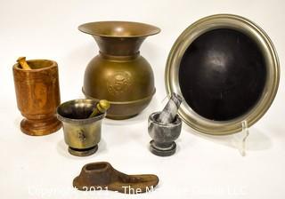 Collection including (3) Mortar and Pestles, one serving tray, brass spittoon and shoe makers last  