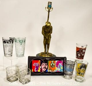 Barware including Recipe Cocktail Glasses, Shakers, Brass Golf Lamp and Three Beatles Glasses