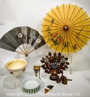 Assorted Items Including Fan, Parasol, Mexican Ceramic Tree of Life Candle Holder, Bowls and Brass Bells. 