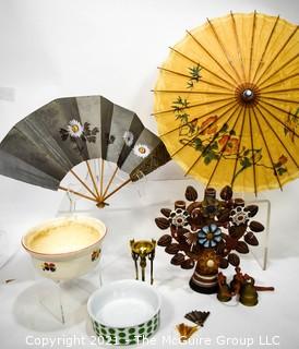 Assorted Items Including Fan, Parasol, Mexican Ceramic Tree of Life Candle Holder, Bowls and Brass Bells. 