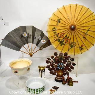 Assorted Items Including Fan, Parasol, Mexican Ceramic Tree of Life Candle Holder, Bowls and Brass Bells. 