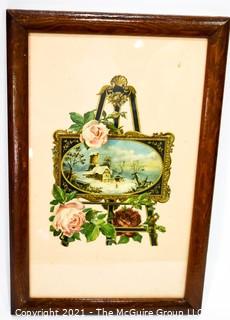 Framed Under Glass Victorian Christmas Card of Winter Scene.