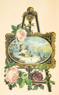 Framed Under Glass Victorian Christmas Card of Winter Scene.