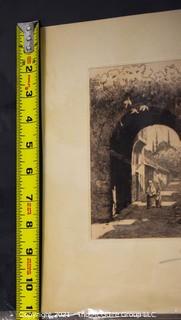 Signed (illegible) Etching on Paper of Mother and Child Under Arch