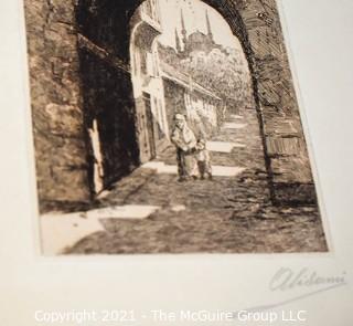 Signed (illegible) Etching on Paper of Mother and Child Under Arch