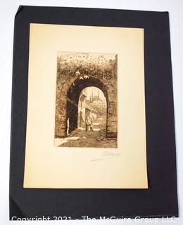 Signed (illegible) Etching on Paper of Mother and Child Under Arch