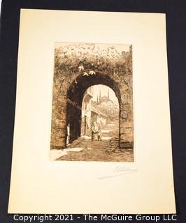 Signed (illegible) Etching on Paper of Mother and Child Under Arch