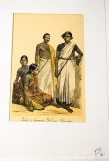 Vintage Unframed with Mat Hand Colored Lithograph from German Book. Entitled "People And Tribes Kling Hindu" 1800s.