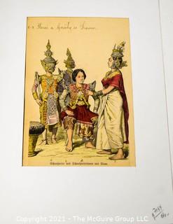 Vintage Unframed with Mat Hand Colored Lithograph from German Book.  Entitled "Native actors and actresses in traditional Siamese dress", Thailand, 1800s. 