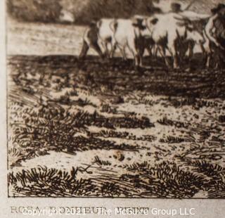 Vintage Black & White Sepia Tone Unframed Lithograph of Oxen Ploughing