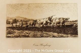 Vintage Black & White Sepia Tone Unframed Lithograph of Oxen Ploughing