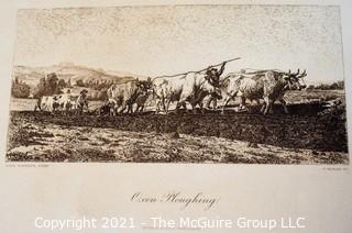 Vintage Black & White Sepia Tone Unframed Lithograph of Oxen Ploughing