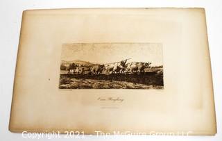 Vintage Black & White Sepia Tone Unframed Lithograph of Oxen Ploughing