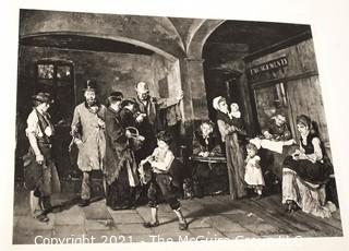 Vintage Black & White Unframed Lithograph of People Waiting