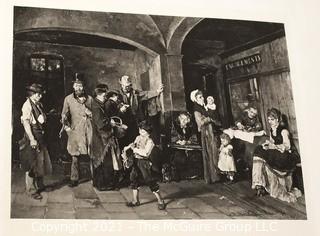 Vintage Black & White Unframed Lithograph of People Waiting