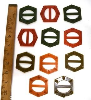 Group of Eleven (11) Vintage Carved Bakelite Hexagon Shaped Belt Buckles