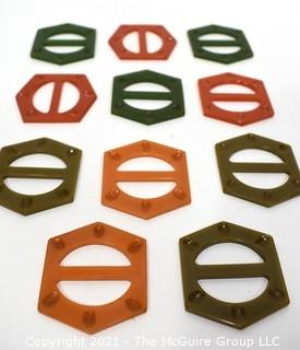 Group of Eleven (11) Vintage Carved Bakelite Hexagon Shaped Belt Buckles