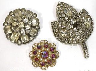 Three (3) Vintage Rhinestone Brooches Including One Made by Weiss