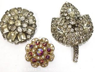 Three (3) Vintage Rhinestone Brooches Including One Made by Weiss