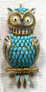 Vintage Florenza Costume Enamel Painted Owl Brooch with Googly Eyes.