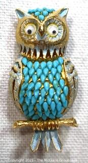 Vintage Florenza Costume Enamel Painted Owl Brooch with Googly Eyes.