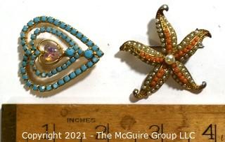 Two (2) Vintage Beaded Rhinestone Brooches in Starfish and Heart Form