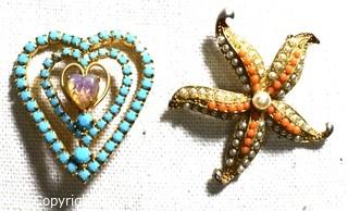 Two (2) Vintage Beaded Rhinestone Brooches in Starfish and Heart Form