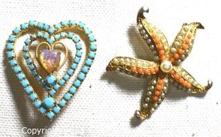 Two (2) Vintage Beaded Rhinestone Brooches in Starfish and Heart Form