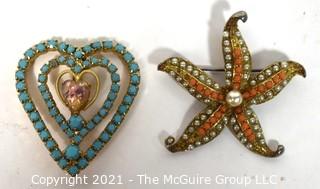 Two (2) Vintage Beaded Rhinestone Brooches in Starfish and Heart Form