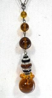 Vintage Art Deco Hand Blown Amber & Black Glass Drop Bead Necklace on Metal Chain with Pendant Center.  