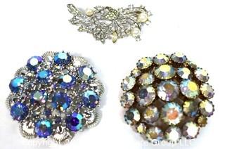 Three (3) Vintage Rhinestone Brooches Including One Made by Coro.