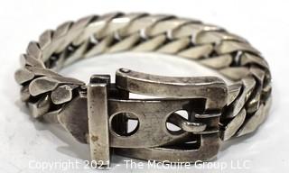 Vintage Sterling Chain Buckle Bracelet with Chunky Curb Links Adjustible Closure and Fold Over Safety Clasp.     Weighs 100.9 g.