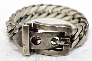 Vintage Sterling Chain Buckle Bracelet with Chunky Curb Links Adjustible Closure and Fold Over Safety Clasp.     Weighs 100.9 g.