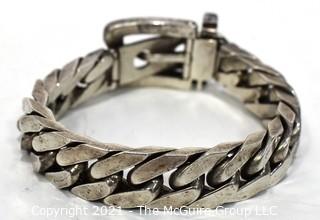 Vintage Sterling Chain Buckle Bracelet with Chunky Curb Links Adjustible Closure and Fold Over Safety Clasp.     Weighs 100.9 g.