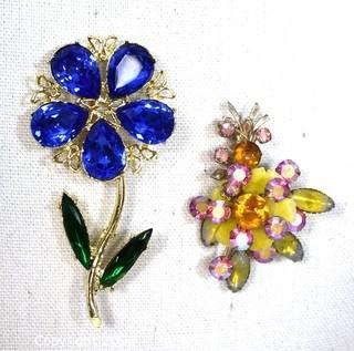 Two (2) Vintage Bright Rhinestone Flower Brooches. One with Designer Mark. 