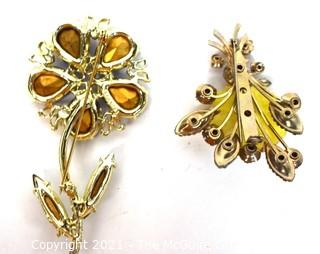 Two (2) Vintage Bright Rhinestone Flower Brooches. One with Designer Mark. 