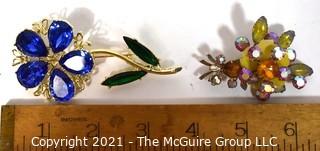 Two (2) Vintage Bright Rhinestone Flower Brooches. One with Designer Mark. 